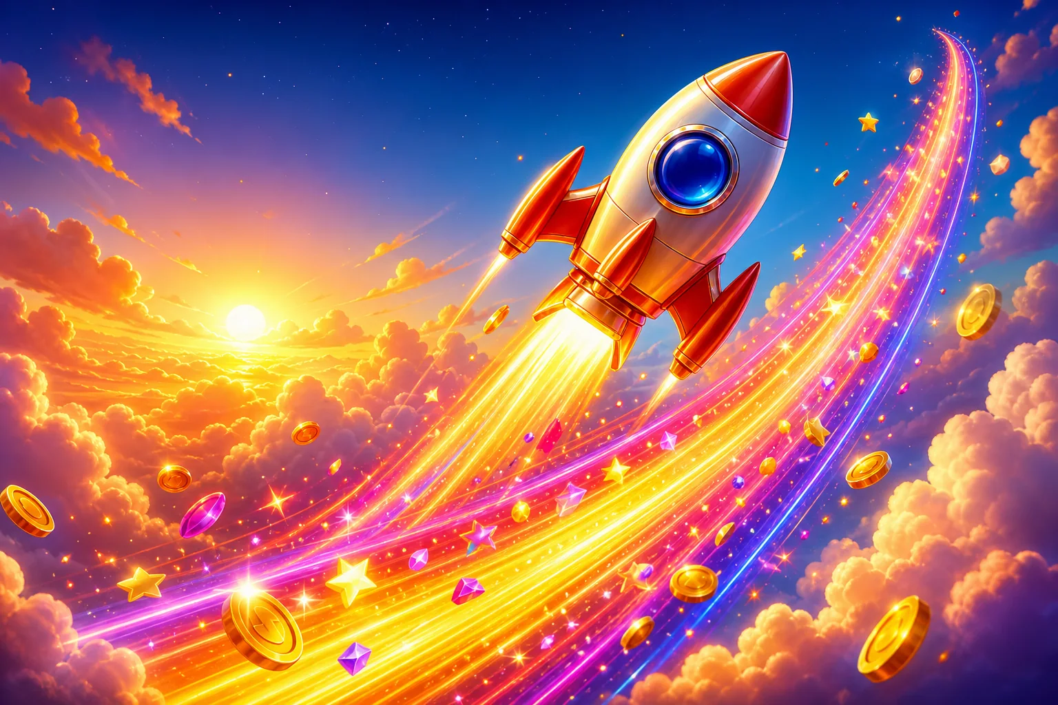 SkyRush crash game key art — a rocket soaring up a multiplier trail