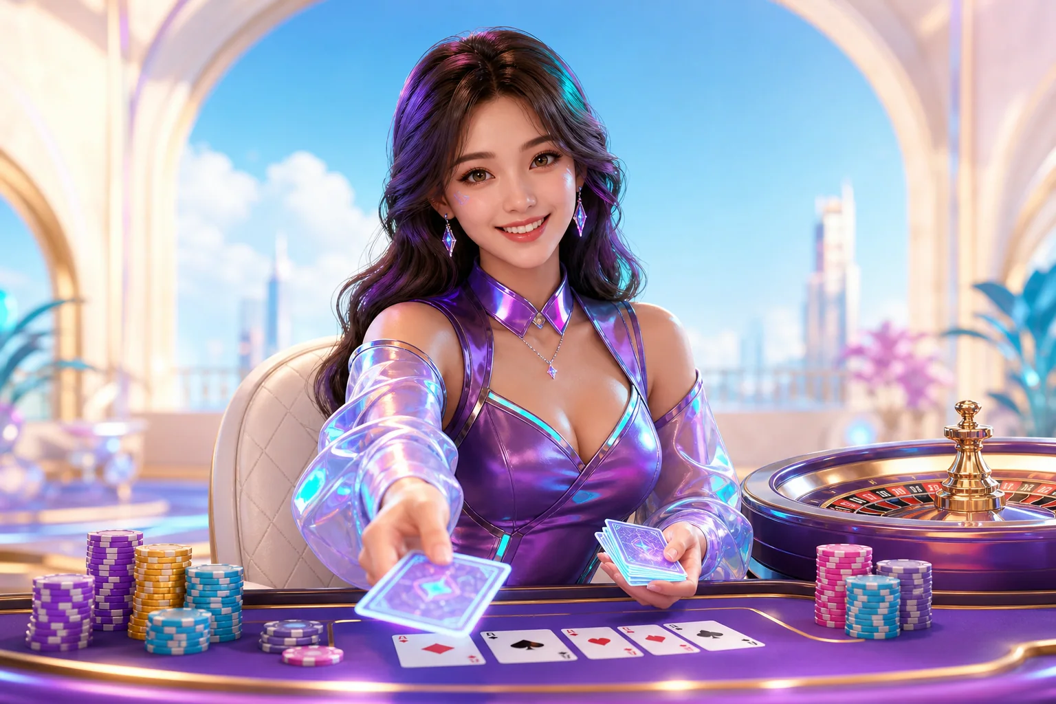 A lifelike AI live dealer hosting a vibrant casino table